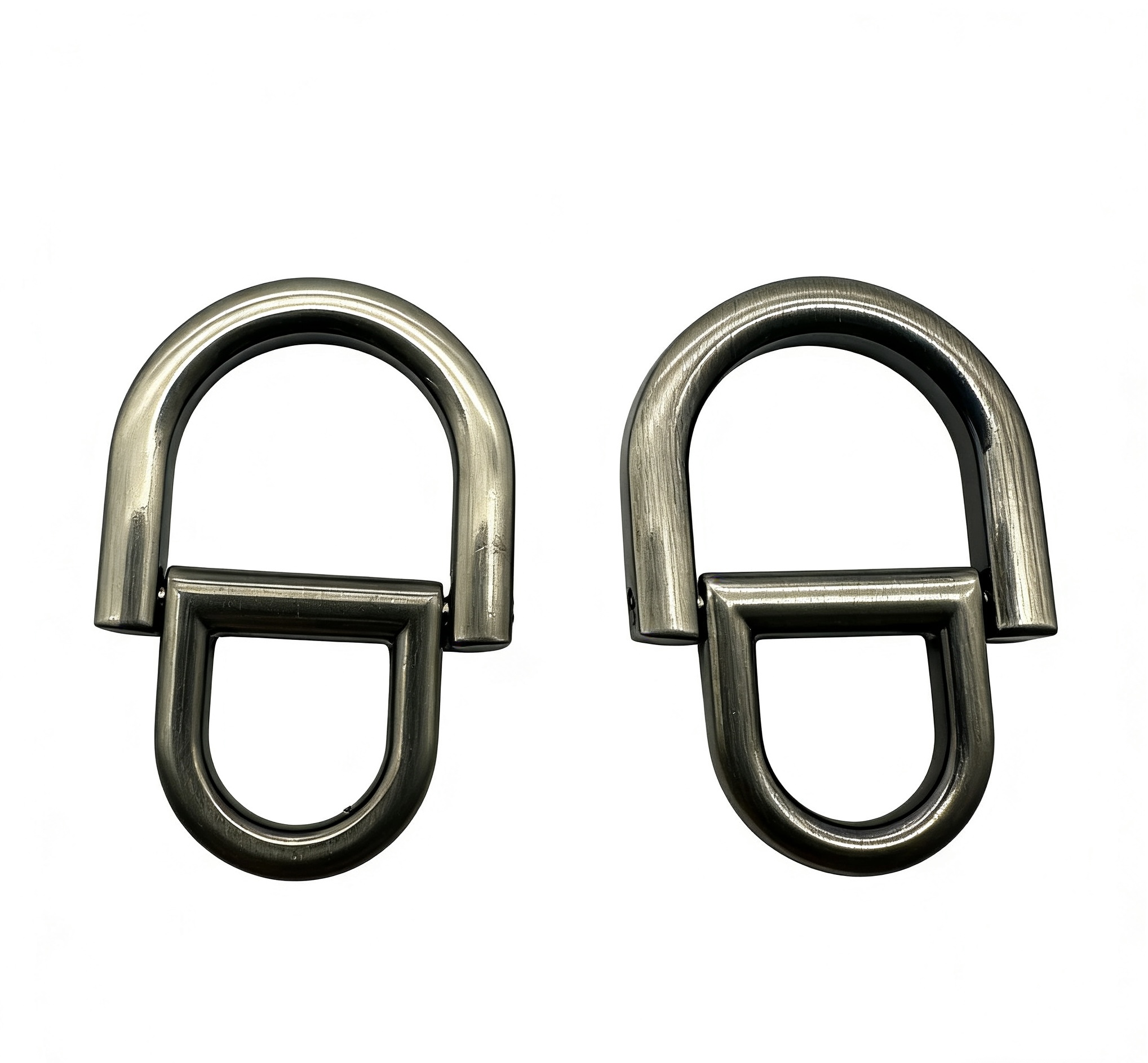 High-end brushed antique silver hinged D-ring and articulated strap connector for luxury leather briefcases, custom OEM manufactured by Wahkoi Metal.