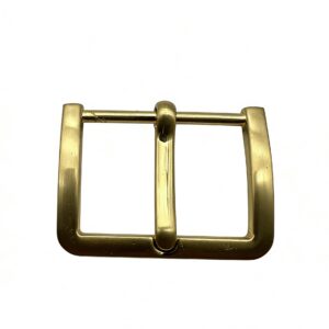 High-end brushed brass vintage pin buckle and heavy-duty single prong strap adjuster for heritage leather belts, custom OEM manufactured by Wahkoi Metal.
