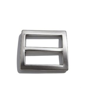 High-end brushed silver flat-profile tri-glide slider and rectangular strap adjuster for modern minimalist bags, custom OEM manufactured by Wahkoi Metal.