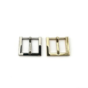 High-end mirror silver and light gold flat-profile square pin buckles for modern minimalist bags, custom OEM manufactured by Wahkoi Metal.