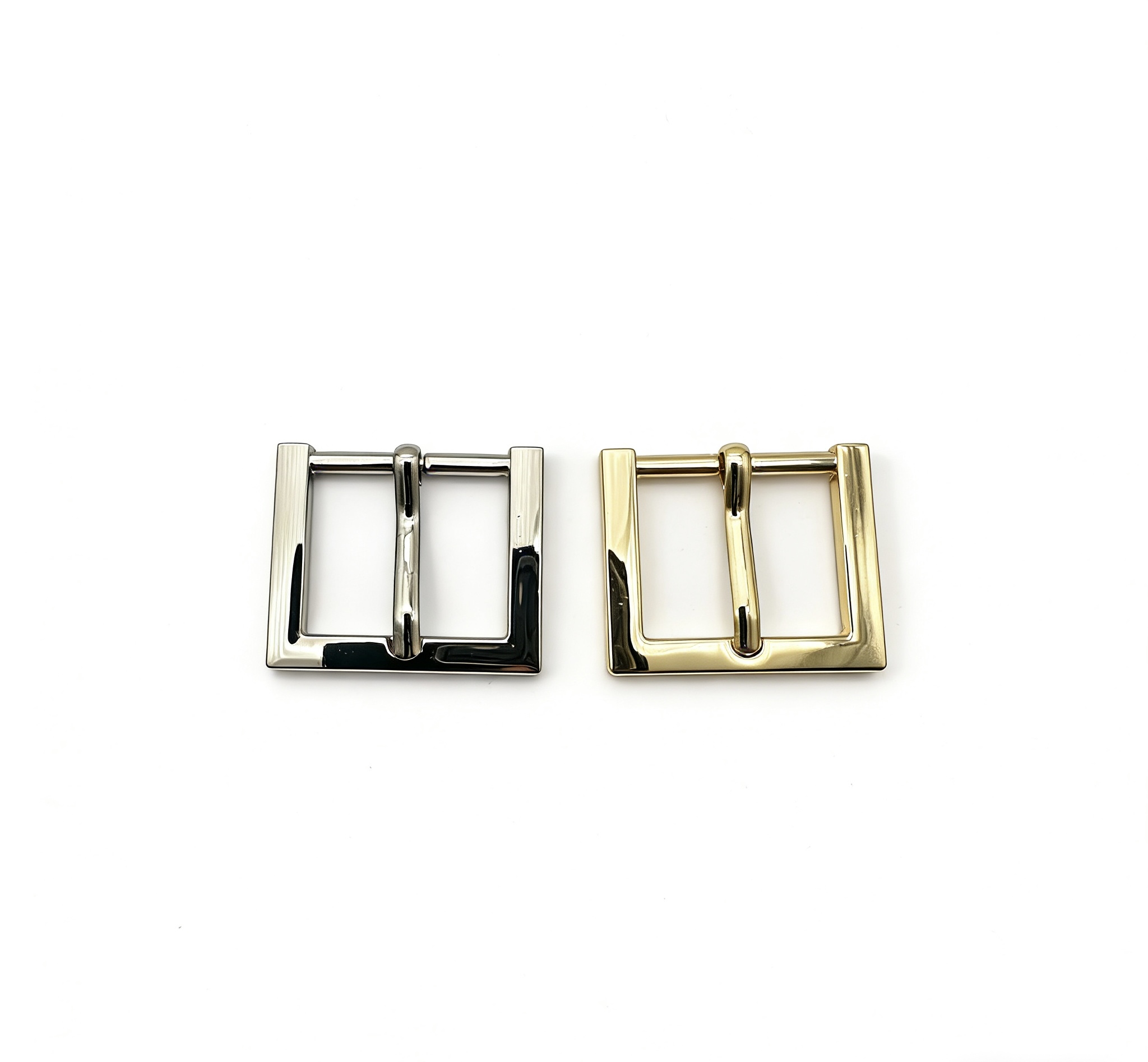 High-end mirror silver and light gold flat-profile square pin buckles for modern minimalist bags, custom OEM manufactured by Wahkoi Metal.