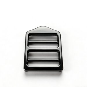 High-end glossy black peaked tri-glide slider and multi-bar strap adjuster for luxury backpacks and techwear, custom OEM manufactured by Wahkoi Metal.