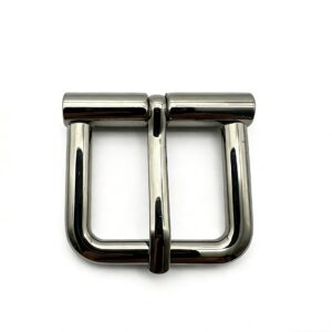High-end glossy gunmetal chunky tubular roller pin buckle and heavy-duty strap adjuster for luxury leather belts and men's bags, custom OEM manufactured by Wahkoi Metal.