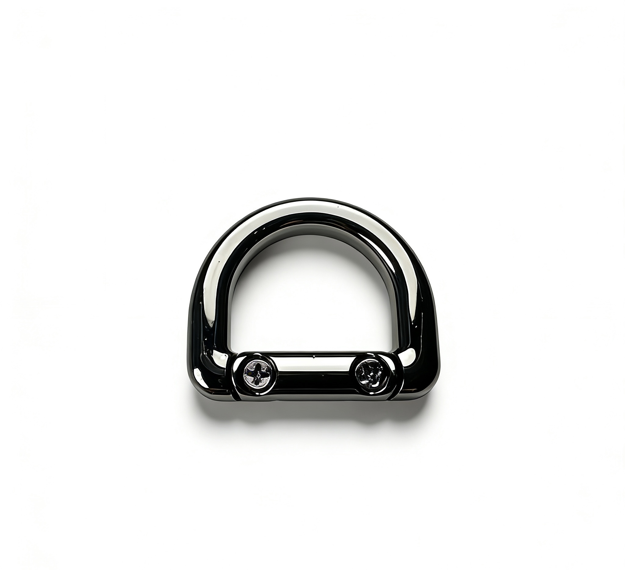 High-end glossy gunmetal dual-screw D-ring and removable shackle connector for luxury leather bags and no-sew repair, custom OEM manufactured by Wahkoi Metal.
