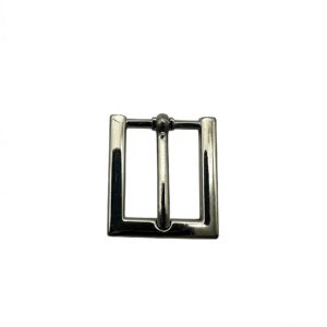 High-end glossy gunmetal flat-profile square pin buckle and modern strap adjuster for luxury leather bags and belts, custom OEM manufactured by Wahkoi Metal.