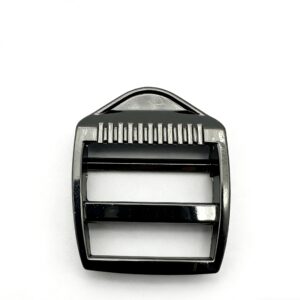 High-end glossy gunmetal ladder lock buckle and webbing tension slider for tactical backpacks and techwear, custom OEM manufactured by Wahkoi Metal.