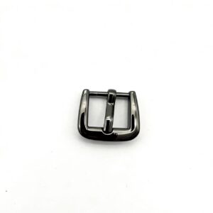 High-end glossy gunmetal softly curved rounded pin buckle and single prong strap adjuster for modern luxury bags, custom OEM manufactured by Wahkoi Metal.