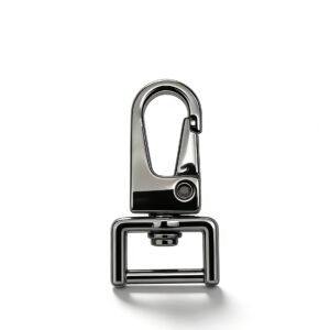 High-end mirror-polished gunmetal push-gate swivel snap hook with wide rectangular base for heavy-duty bag straps and tactical webbing, custom OEM manufactured by Wahkoi Metal.