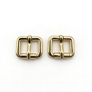 High-end mirror-polished light gold chunky tubular square roller buckle and heavy-duty strap adjuster for luxury leather belts, custom OEM manufactured by Wahkoi Metal.