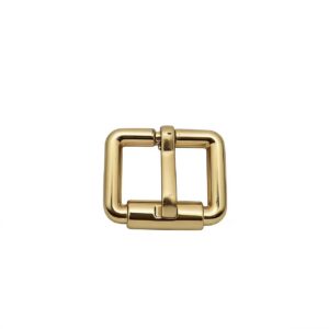 High-end mirror-polished light gold classic roller pin buckle and single prong strap adjuster for luxury leather belts and bags, custom OEM manufactured by Wahkoi Metal.