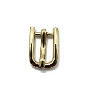 High-end mirror-polished light gold elongated horseshoe pin buckle and narrow strap adjuster for elegant leather goods and footwear, custom OEM manufactured by Wahkoi Metal.