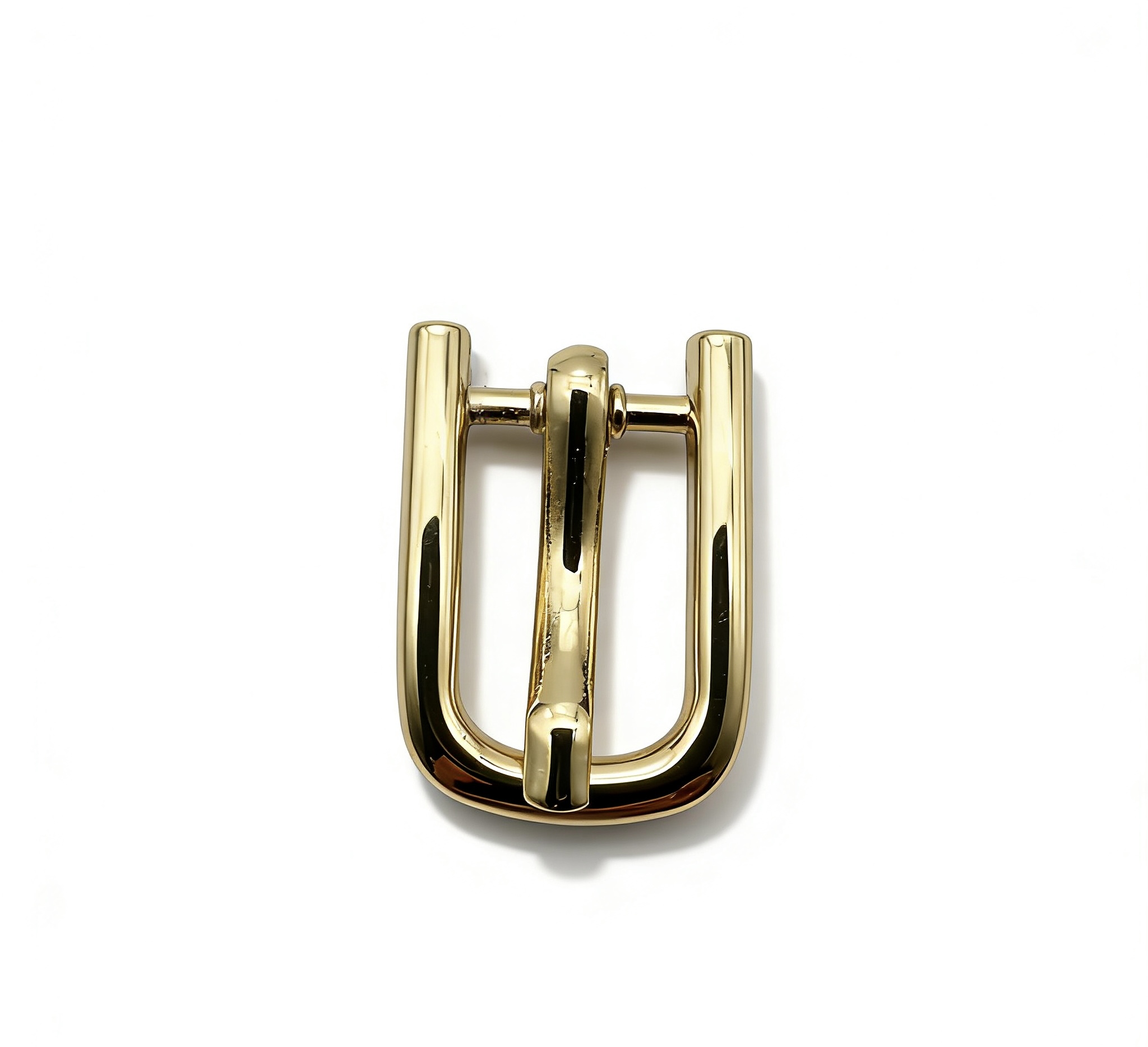High-end mirror-polished light gold elongated horseshoe pin buckle and narrow strap adjuster for elegant leather goods and footwear, custom OEM manufactured by Wahkoi Metal.
