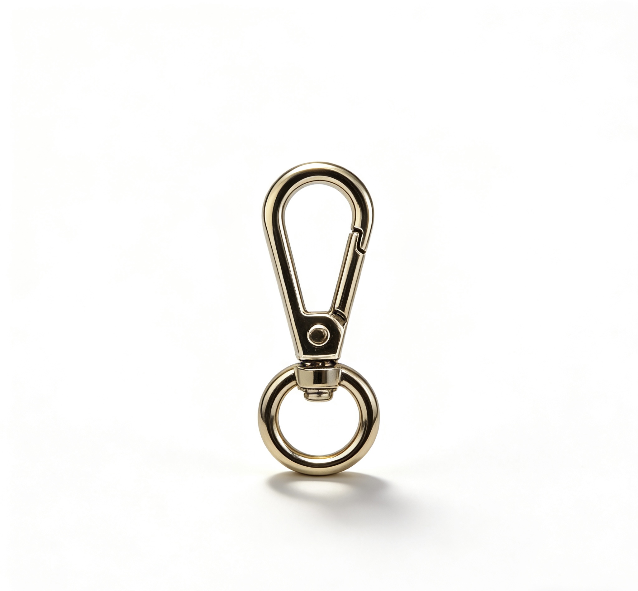 High-end light gold elongated push-gate swivel snap hook with round base for luxury lanyards and elegant bag charms, custom OEM manufactured by Wahkoi Metal.