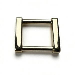 High-end mirror-polished light gold flat-profile rectangular loop and geometric square ring for modern luxury bag straps, custom OEM manufactured by Wahkoi Metal.