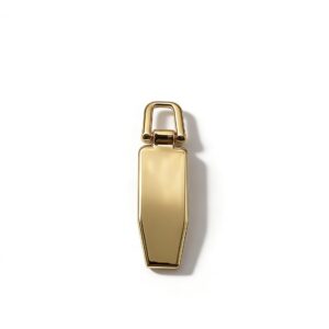 High-end mirror-polished light gold geometric metal zipper puller and slider tab for luxury bags and garments, custom OEM manufactured by Wahkoi Metal.