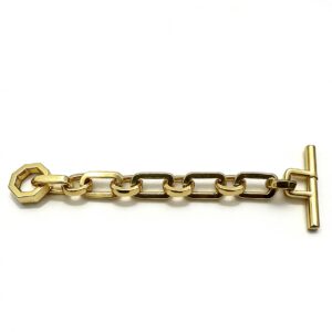 High-end mirror-polished light gold T-bar toggle clasp with hexagon ring and chunky chain for luxury handbag closures and jewelry, custom OEM manufactured by Wahkoi Metal.