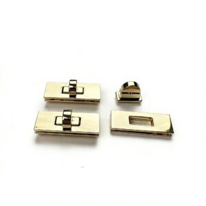 High-end mirror-polished light gold rectangular turn lock and minimalist twist closure for luxury flap bags, custom OEM manufactured by Wahkoi Metal.