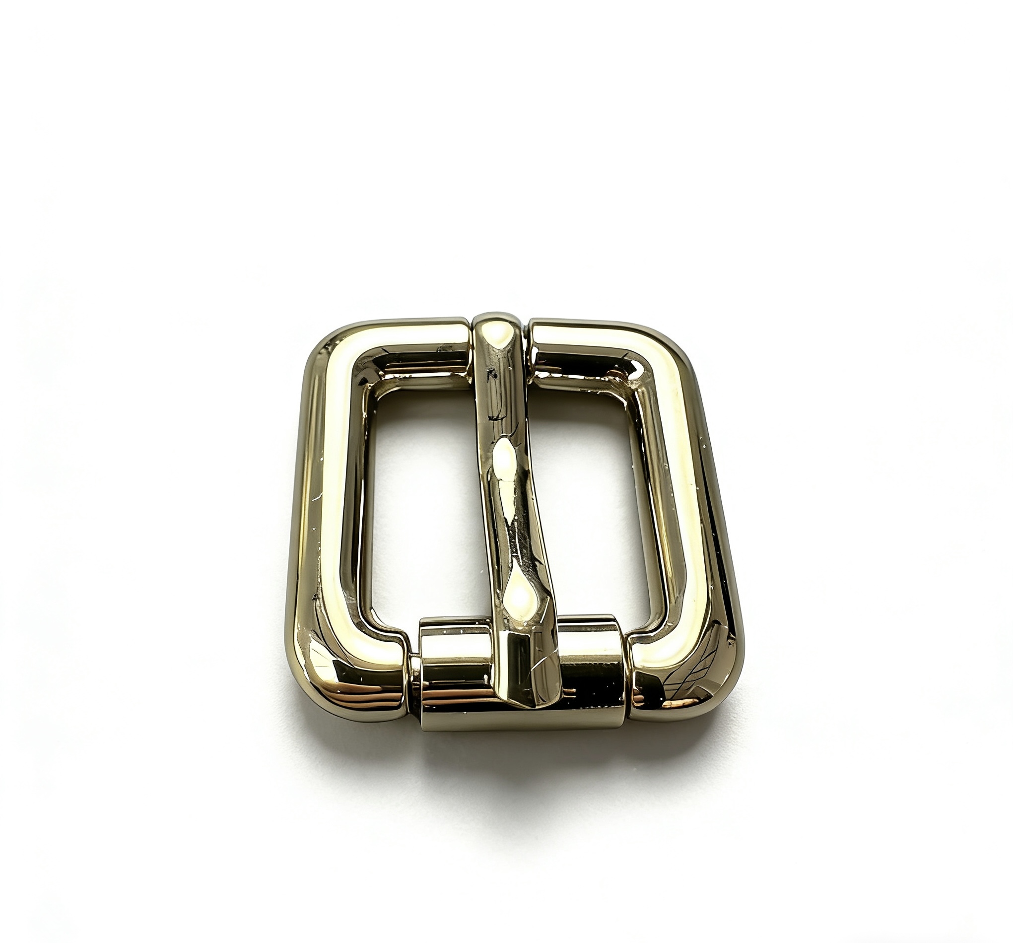 High-end mirror-polished light gold tapered square roller pin buckle for luxury leather belts and heavy-duty bag straps, custom OEM manufactured by Wahkoi Metal.