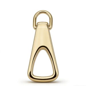High-end mirror-polished light gold triangular hollow zipper pull and minimalist zip slider attachment for luxury handbags and fashion apparel, custom OEM manufactured by Wahkoi Metal.