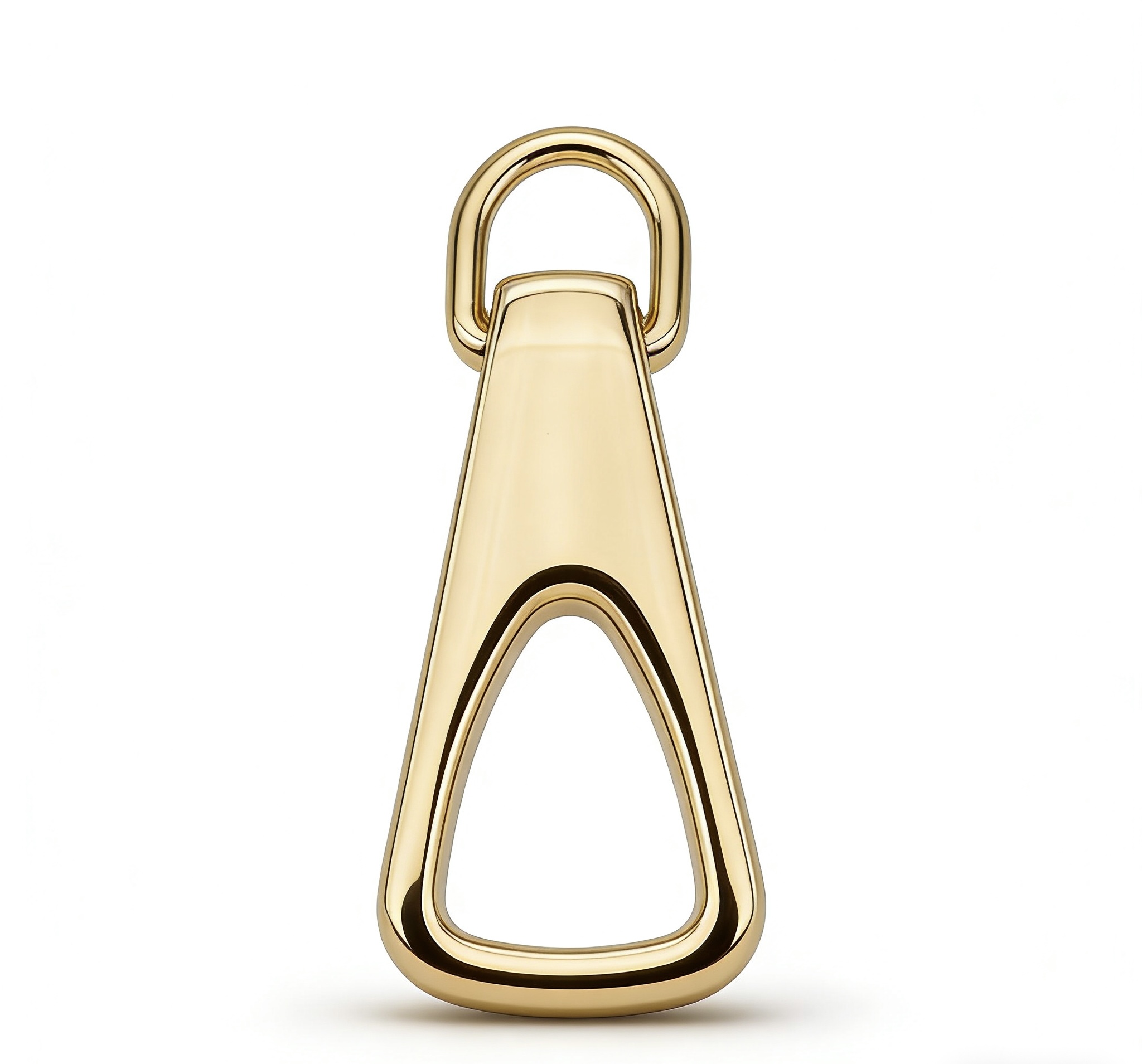 High-end mirror-polished light gold triangular hollow zipper pull and minimalist zip slider attachment for luxury handbags and fashion apparel, custom OEM manufactured by Wahkoi Metal.