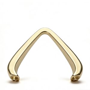 High-end mirror-polished light gold V-shaped chevron bridge connector and architectural strap anchor for luxury handbags, custom OEM manufactured by Wahkoi Metal.