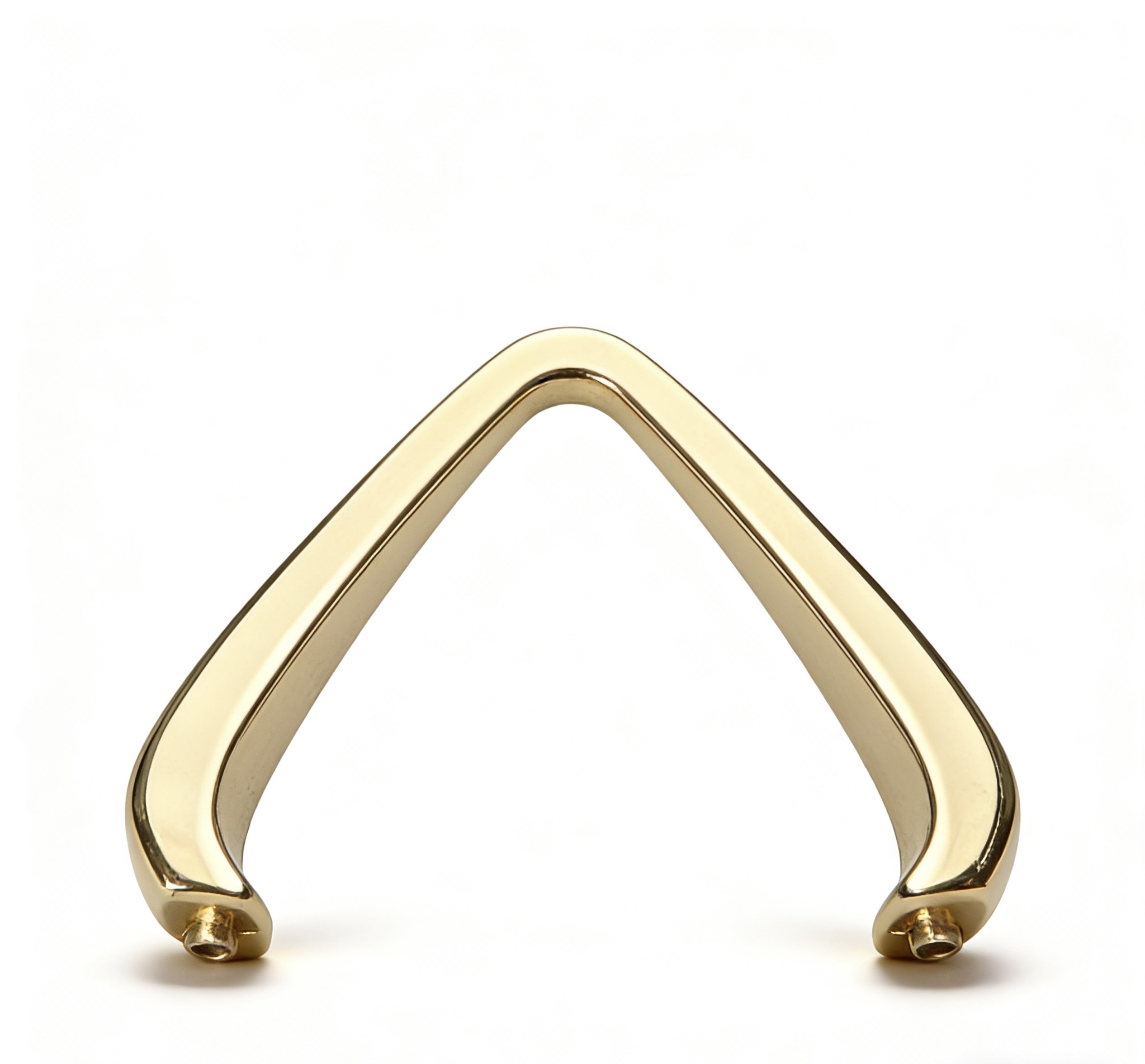 High-end mirror-polished light gold V-shaped chevron bridge connector and architectural strap anchor for luxury handbags, custom OEM manufactured by Wahkoi Metal.