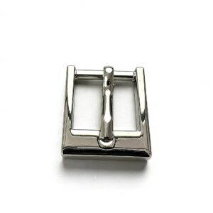 High-end mirror gunmetal flat-profile rectangular pin buckle with recessed prong rest for modern luxury belts and techwear bags, custom OEM manufactured by Wahkoi Metal.