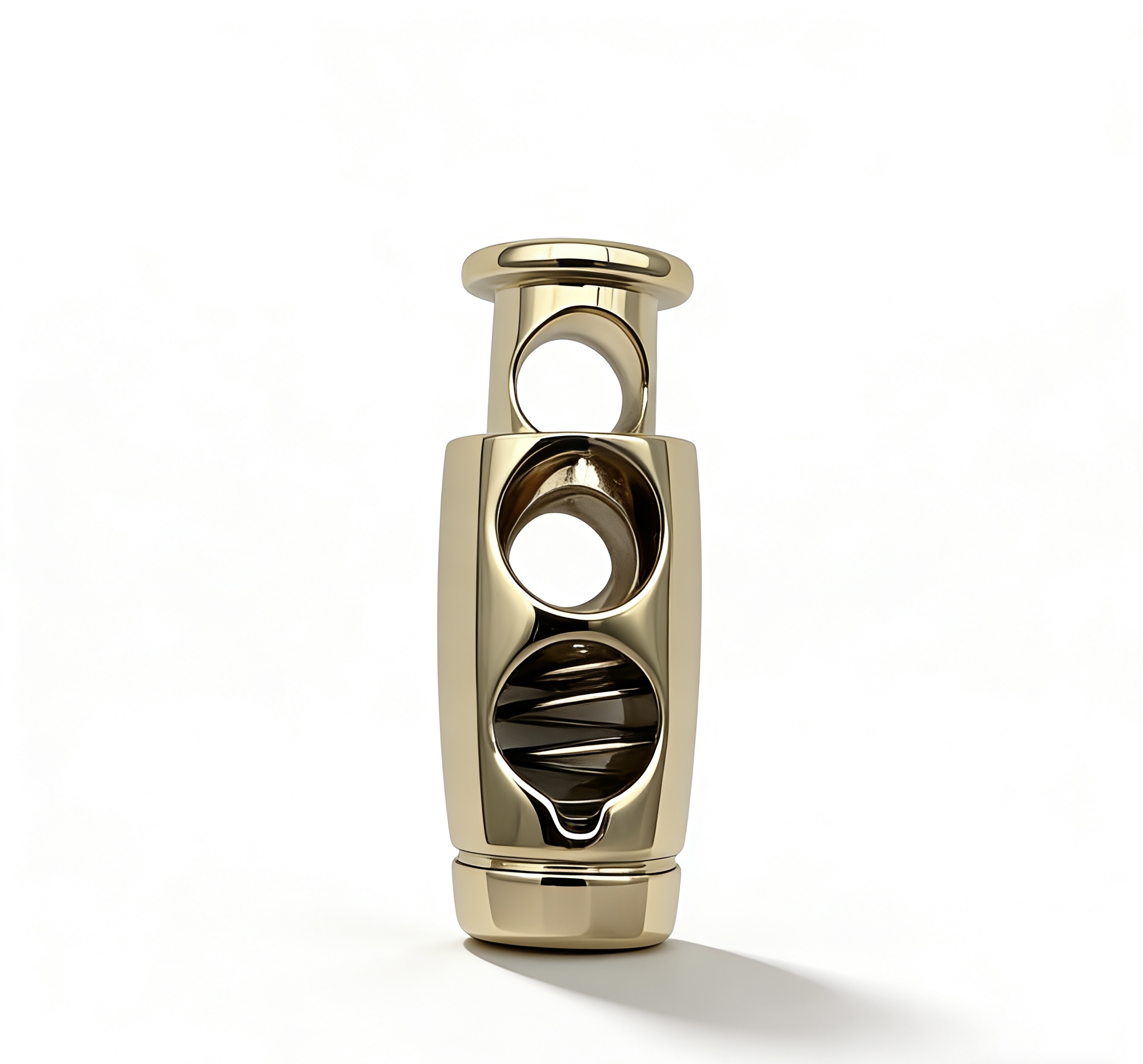 High-end mirror-polished light gold metal cord lock and spring toggle stopper for luxury bucket bags and outerwear, custom OEM manufactured by Wahkoi Metal.