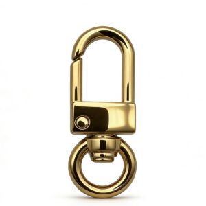 High-end mirror-polished light gold push-gate swivel snap hook with round O-ring base for luxury bag charms and round leather cords, custom OEM manufactured by Wahkoi Metal.