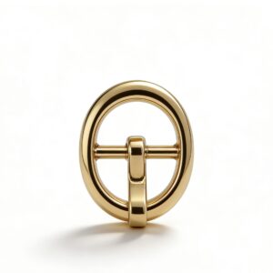 High-end mirror-polished light gold round center-bar pin buckle for luxury leather belts, trench coats, and handbag straps, custom OEM manufactured by Wahkoi Metal.