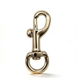 High-end mirror-polished light gold swivel trigger snap hook with round O-ring base for luxury bag charms and rounded leather cords, custom OEM manufactured by Wahkoi Metal.