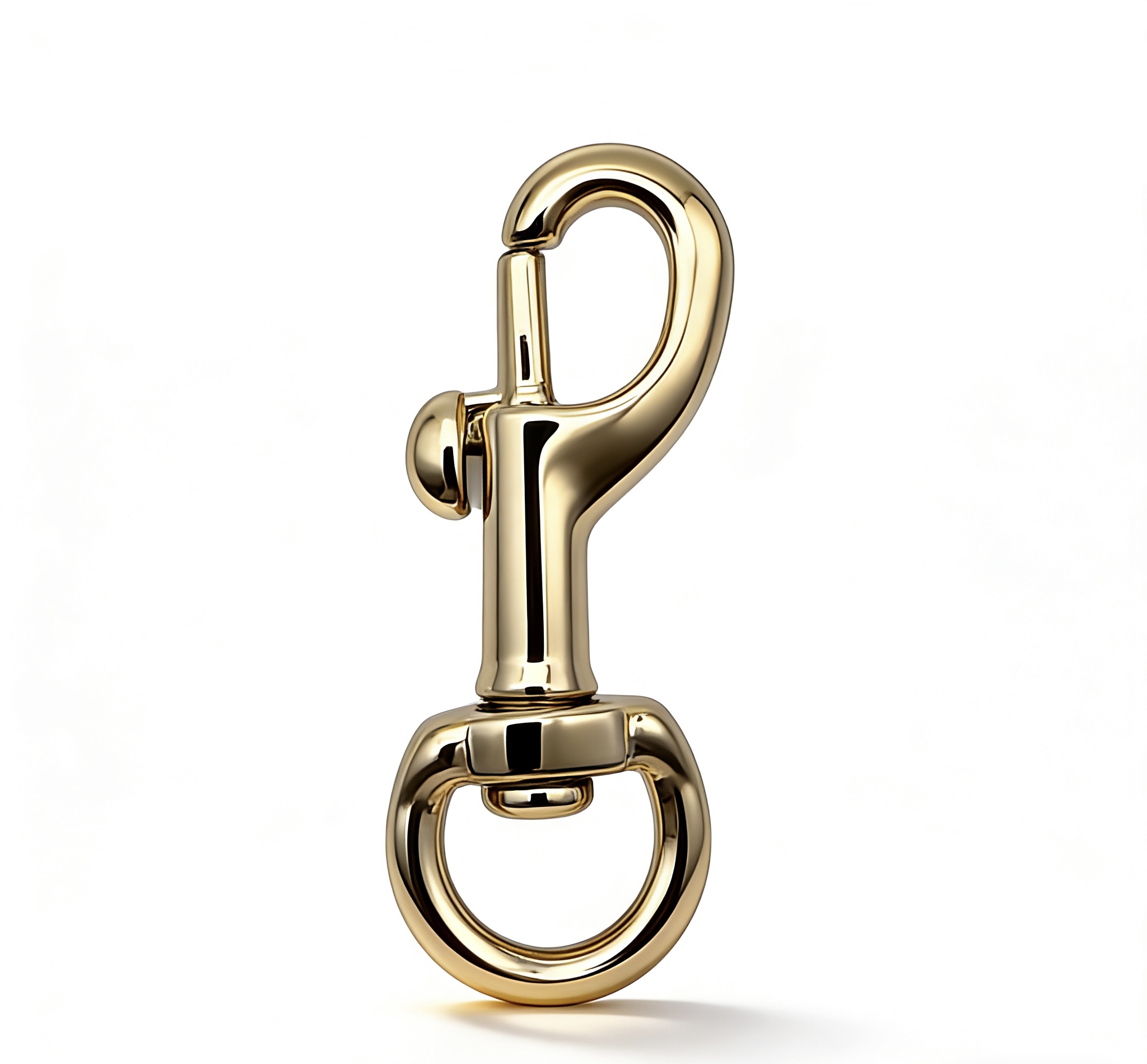 High-end mirror-polished light gold swivel trigger snap hook with round O-ring base for luxury bag charms and rounded leather cords, custom OEM manufactured by Wahkoi Metal.