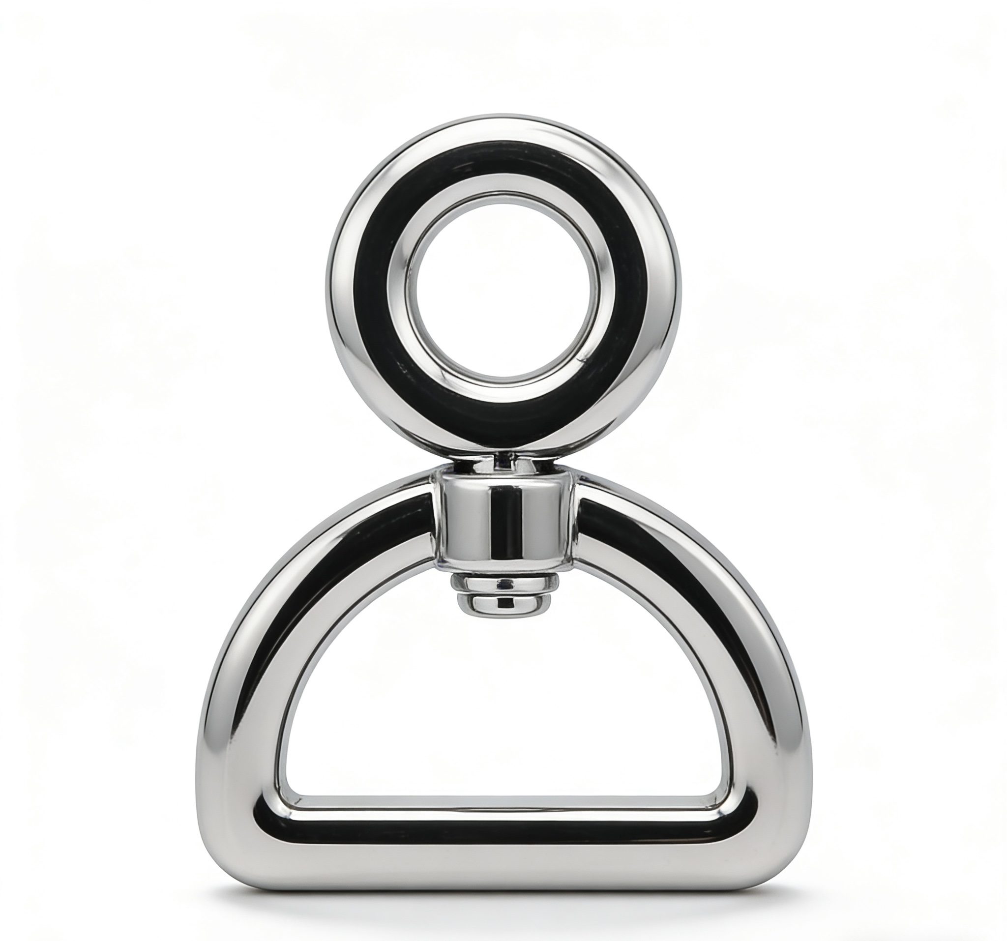 High-end mirror-polished silver 360-degree swivel connector with O-ring and D-ring for luxury bag straps and pet accessories, custom OEM manufactured by Wahkoi Metal.