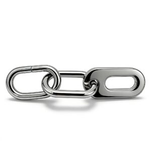 High-end mirror-polished silver architectural elongated link chain with unique solid flat connector for avant-garde bags and techwear, custom OEM manufactured by Wahkoi Metal.