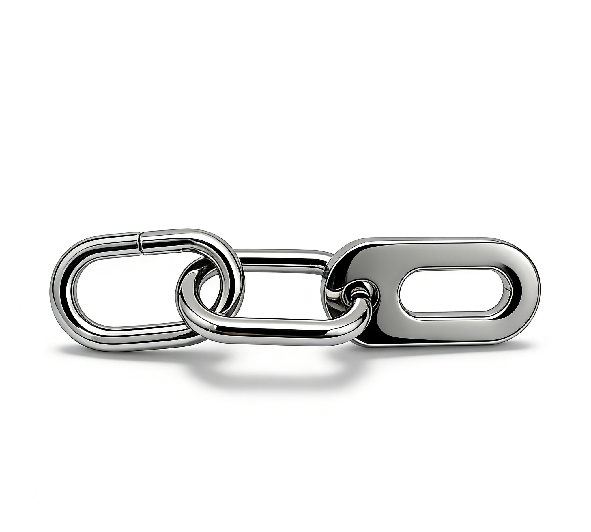 High-end mirror-polished silver architectural elongated link chain with unique solid flat connector for avant-garde bags and techwear, custom OEM manufactured by Wahkoi Metal.