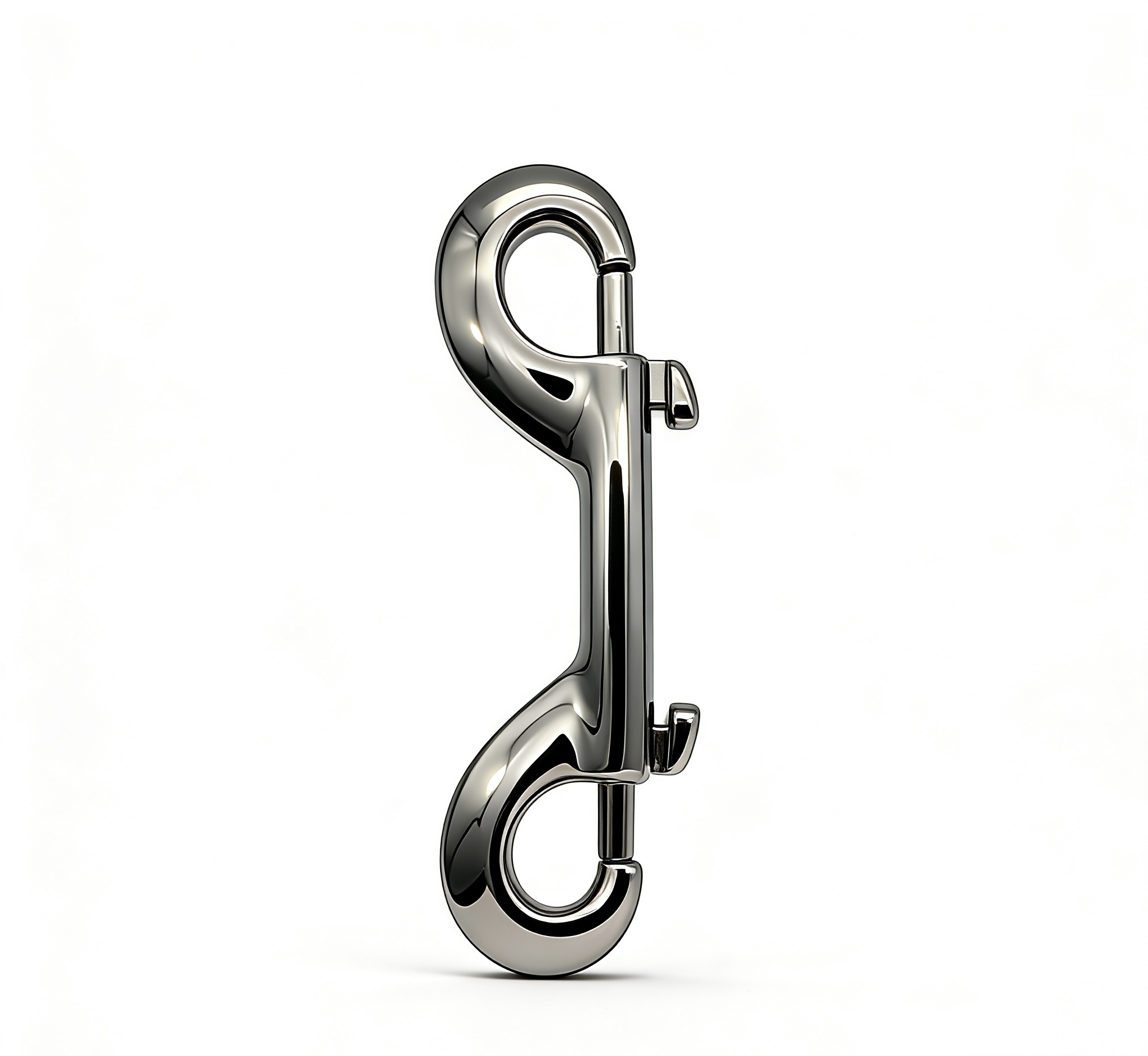 High-end mirror-polished silver heavy-duty double-ended bolt snap hook for pet leashes, equestrian gear, and utility linking, custom OEM manufactured by Wahkoi Metal.