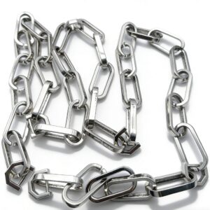 High-end mirror-polished silver paperclip chain crossbody strap with seamless integrated geometric push-gate clasps for techwear and avant-garde bags, OEM manufactured by Wahkoi Metal.