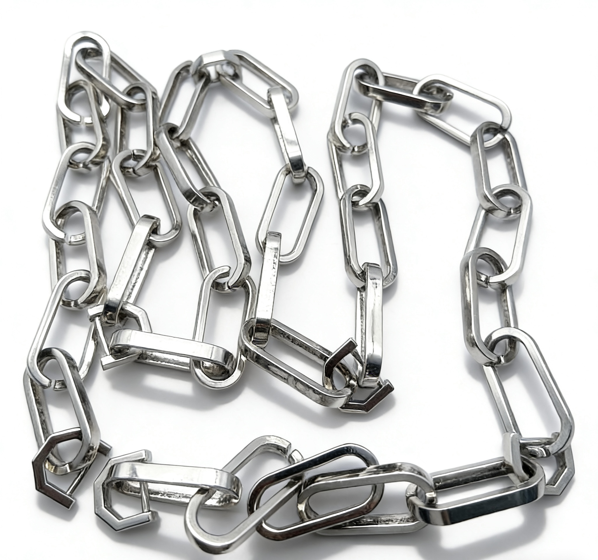 High-end mirror-polished silver paperclip chain crossbody strap with seamless integrated geometric push-gate clasps for techwear and avant-garde bags, OEM manufactured by Wahkoi Metal.