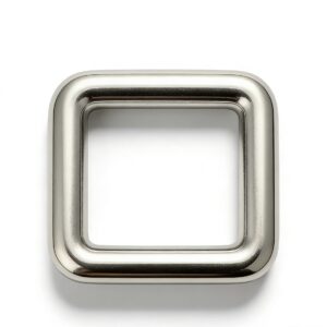 High-end mirror-polished silver rounded square ring and rectangular loop for luxury handbag straps, custom OEM manufactured by Wahkoi Metal.