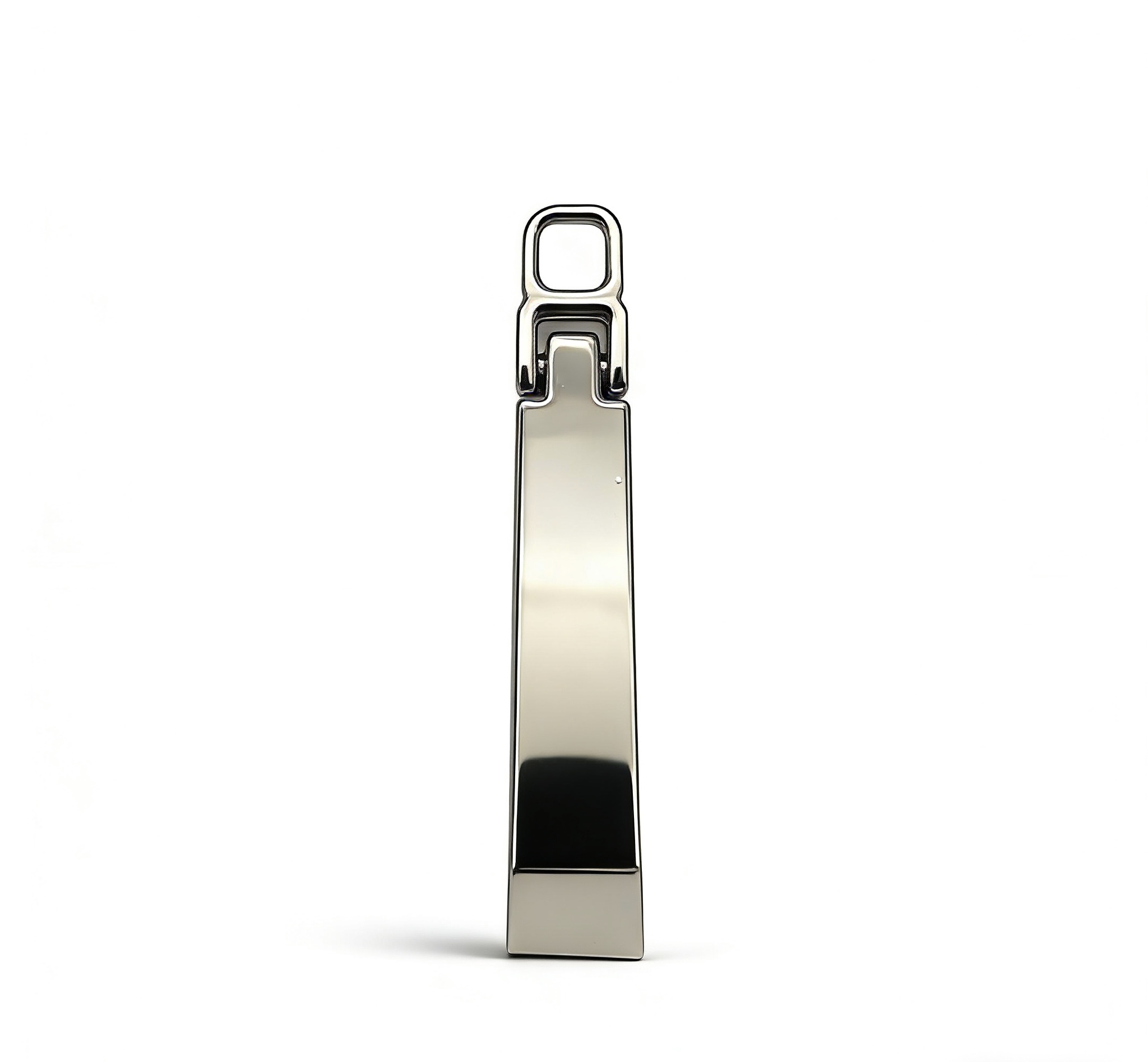 High-end mirror-polished silver solid elongated bar zipper pull and minimalist slider attachment for luxury bags and apparel, custom OEM manufactured by Wahkoi Metal.