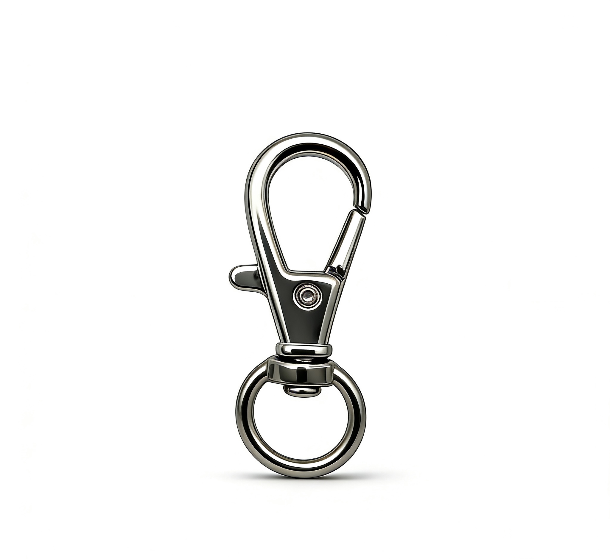 High-end mirror-polished silver swivel trigger snap hook with round O-ring base for lanyards, bag charms, and pet leashes, custom OEM manufactured by Wahkoi Metal.