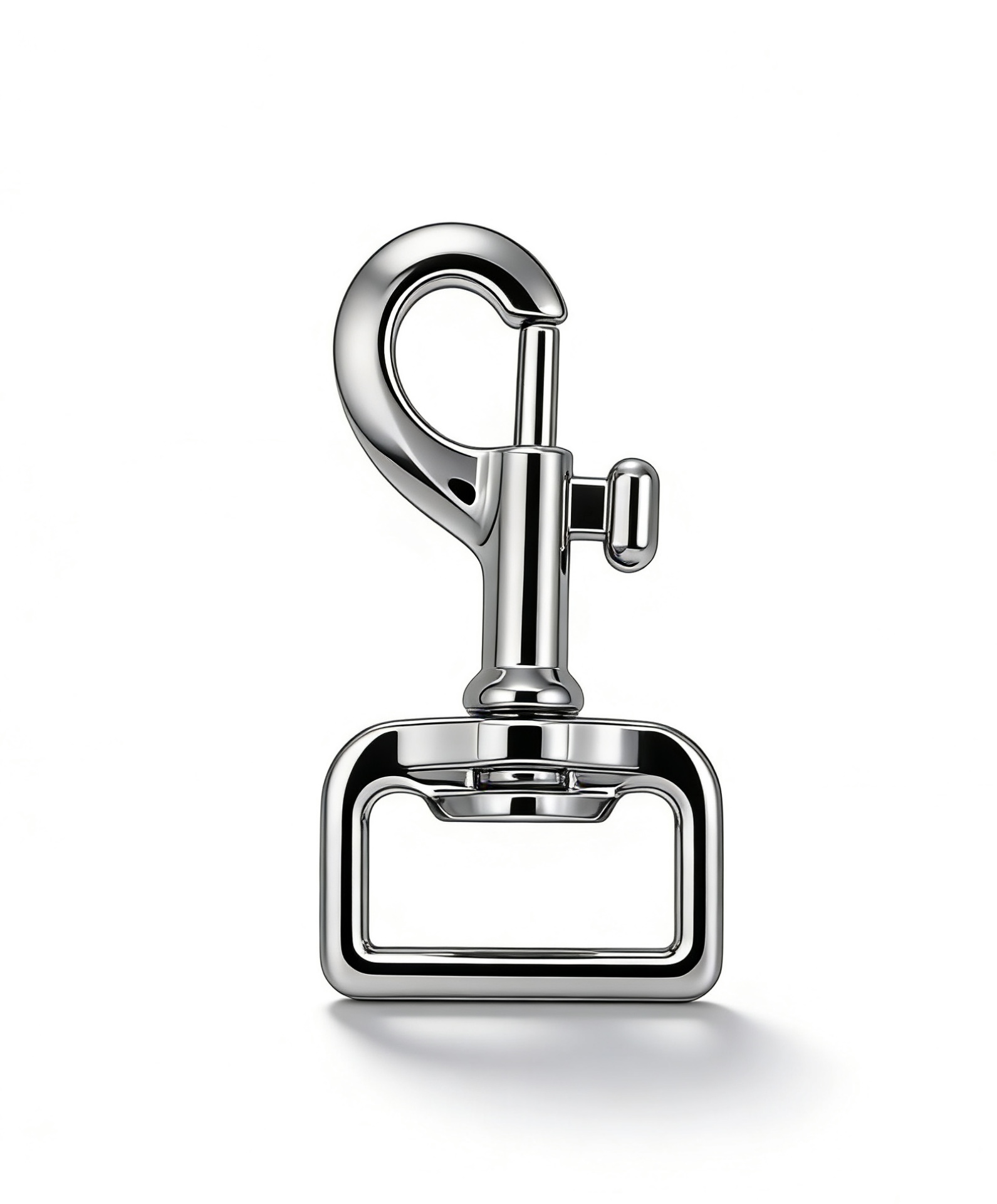 High-end mirror-polished silver swivel trigger snap hook with square base for luxury briefcases and flat leather straps, custom OEM manufactured by Wahkoi Metal.