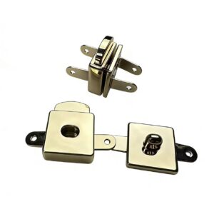 High-end mirror-polished minimalist elongated rectangular zinc alloy tuck lock clasp for luxury briefcases and satchel bags, custom manufactured by Wahkoi Metal.