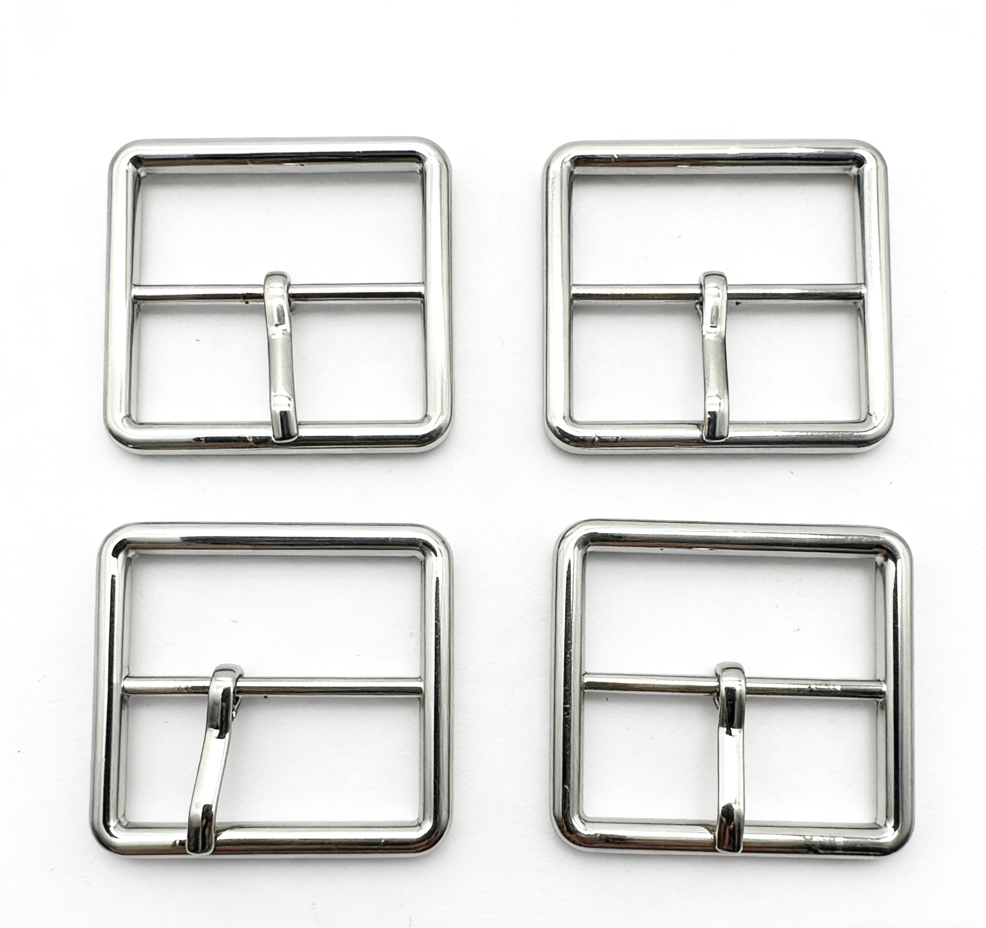 High-end mirror-polished silver classic square pin buckles with rounded tubular edges for luxury leather bags and belts, custom OEM manufactured by Wahkoi Metal.