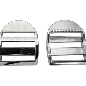 High-end mirror polished silver curved ladder lock buckle and webbing tension slider with hidden anti-slip teeth for luxury backpacks, custom OEM manufactured by Wahkoi Metal.