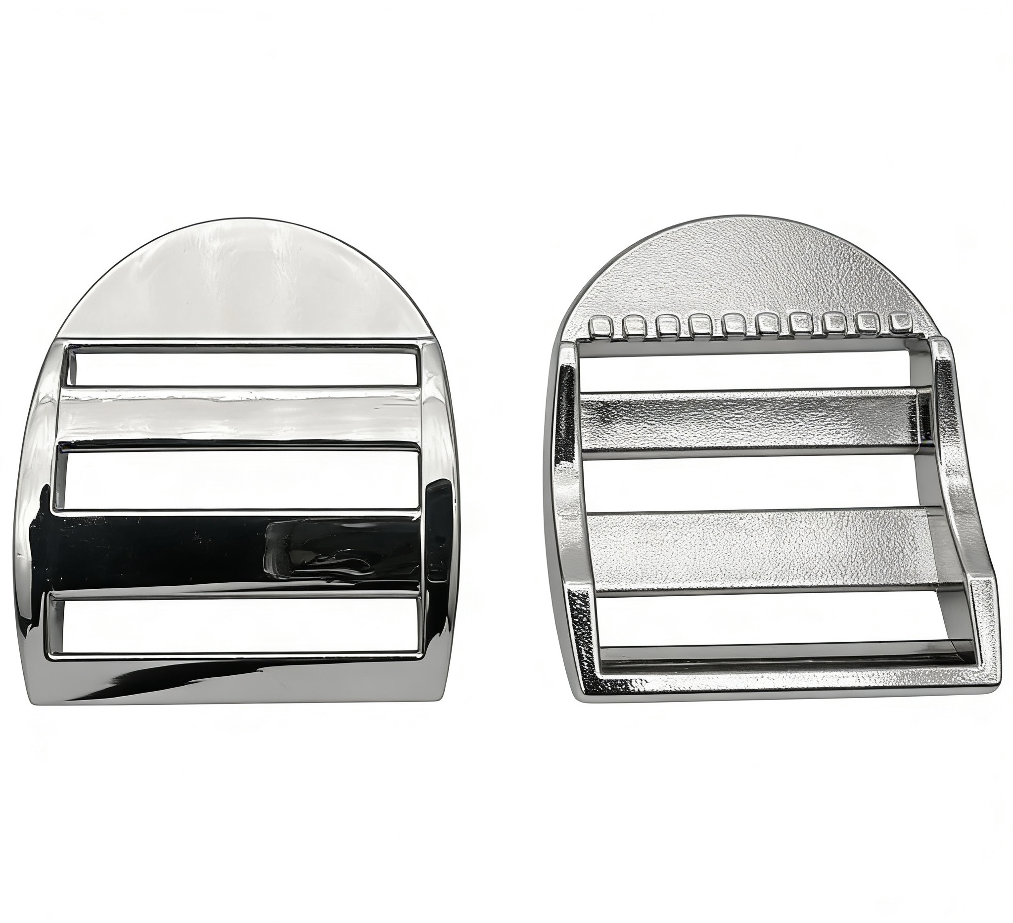 High-end mirror polished silver curved ladder lock buckle and webbing tension slider with hidden anti-slip teeth for luxury backpacks, custom OEM manufactured by Wahkoi Metal.