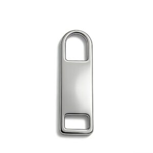 High-end mirror-polished silver elongated dual-cutout metal zipper puller and slider tab for luxury minimalist bags, custom OEM manufactured by Wahkoi Metal.