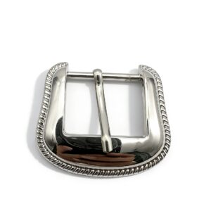 High-end mirror-polished silver rope-edge western pin buckle for luxury leather belts and denim accessories, custom OEM manufactured by Wahkoi Metal.