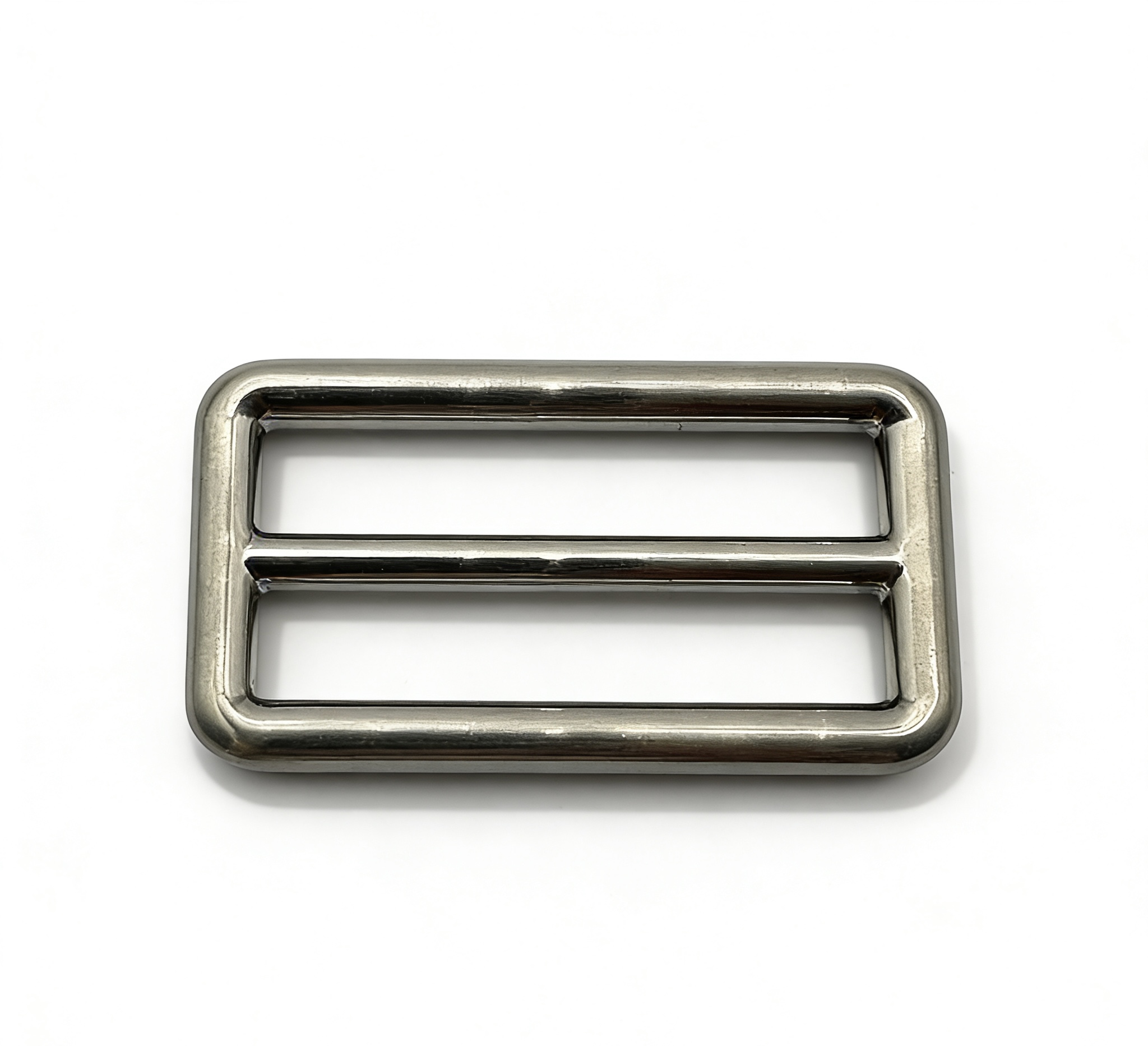 High-end mirror-polished silver rounded tri-glide slider and strap adjuster for luxury bags and backpacks, custom OEM manufactured by Wahkoi Metal.