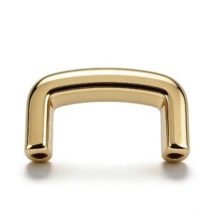 Premium mirror-polished light gold hardware collection including minimalist solid bar zipper pulls and arched bridge strap anchors, custom OEM manufactured by Wahkoi Metal.
